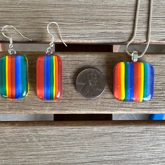 Pride fused glass pendant and earrings - choice of sterling silver chain - Picture 3 of 7
